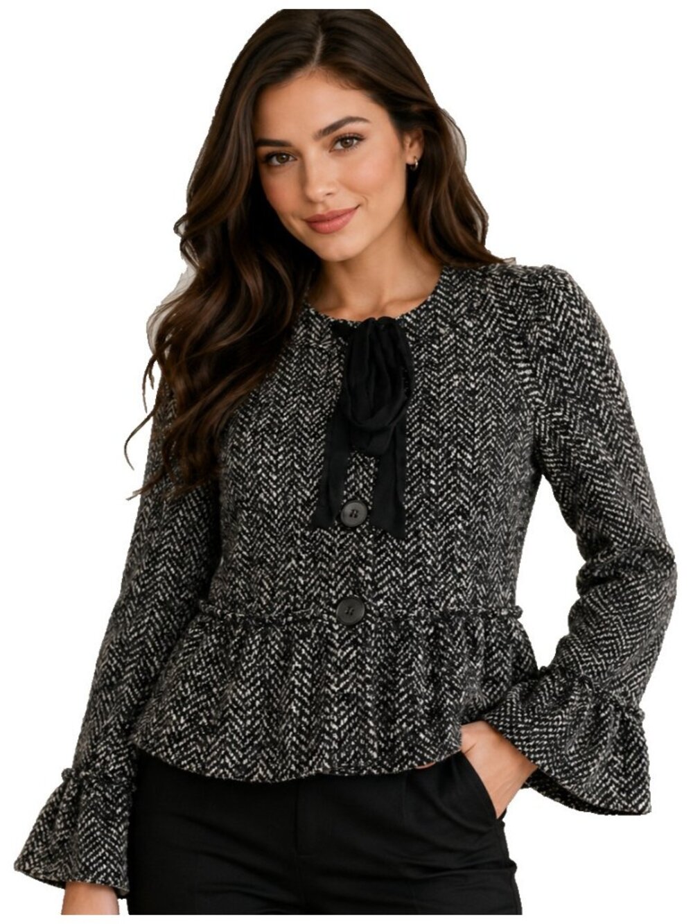 New Zara Wool Mohair Black Herringbone Tweed Peplum Blazer Jacket - Spain